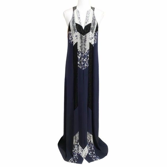 𝅺BCBGMAXAZRIA RUNWAY ZUZANA NAVY LACE FLORAL PATCHWORK SLEEVELESS BOHO DRESS - Picture 1 of 10